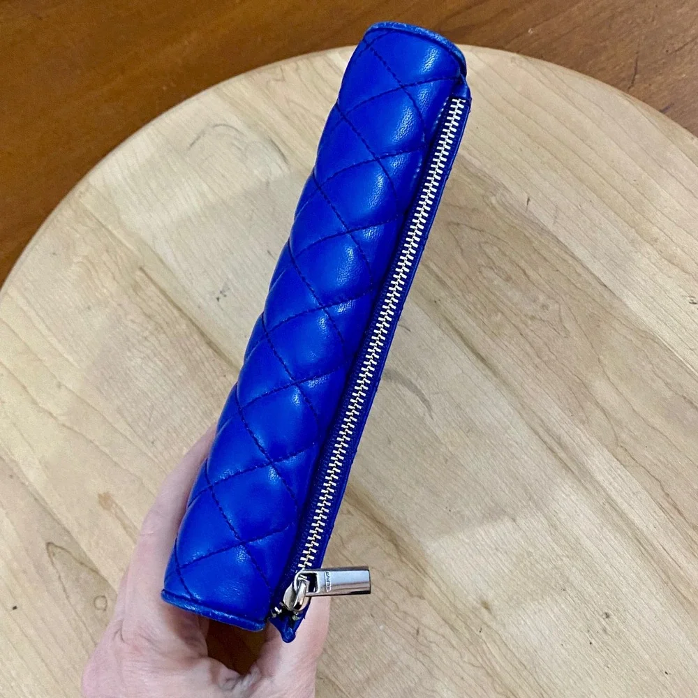 Tumi Blue Leather Quilted Continental Flap Wallet Long Organizer Clutch Travel